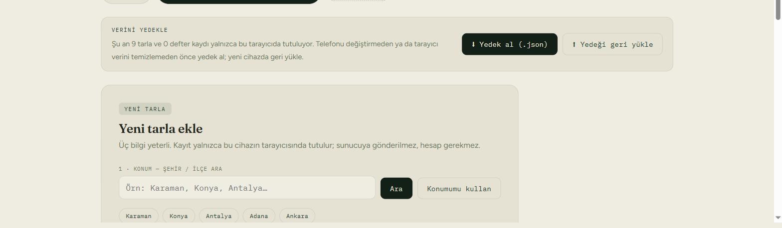 Tarova Yeni tarla ekle formu: konum arama kutusu, Ara ve Konumumu kullan butonları, hazır şehir butonları (Karaman, Konya, Antalya, Adana, Ankara)