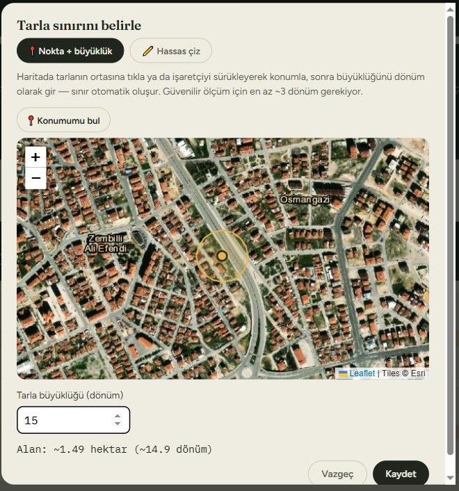 Tarova Tarla sınırını belirle paneli, haritada işaretlenmiş bir nokta, dönüm cinsinden girilen büyüklük ve otomatik hesaplanan hektar/dönüm alanı